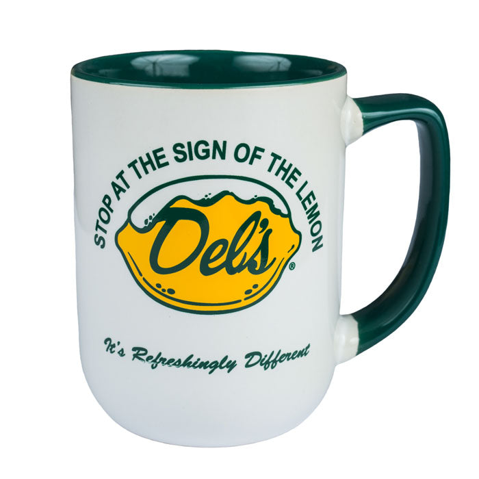 Del's Lemonade green coffee mug stop at the sign of the lemon