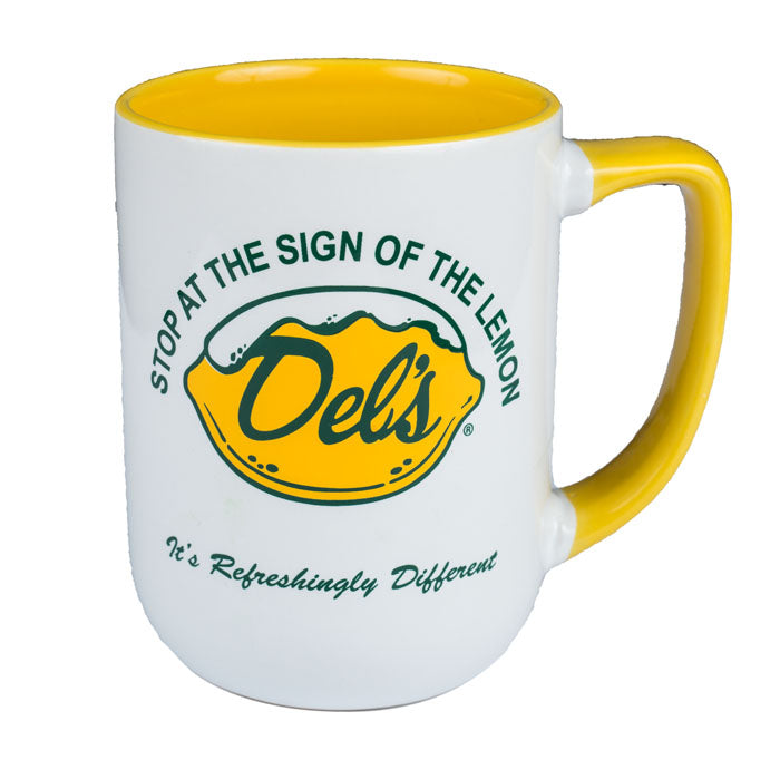 Del's Lemonade yellow coffee mug stop at the sign of the lemon
